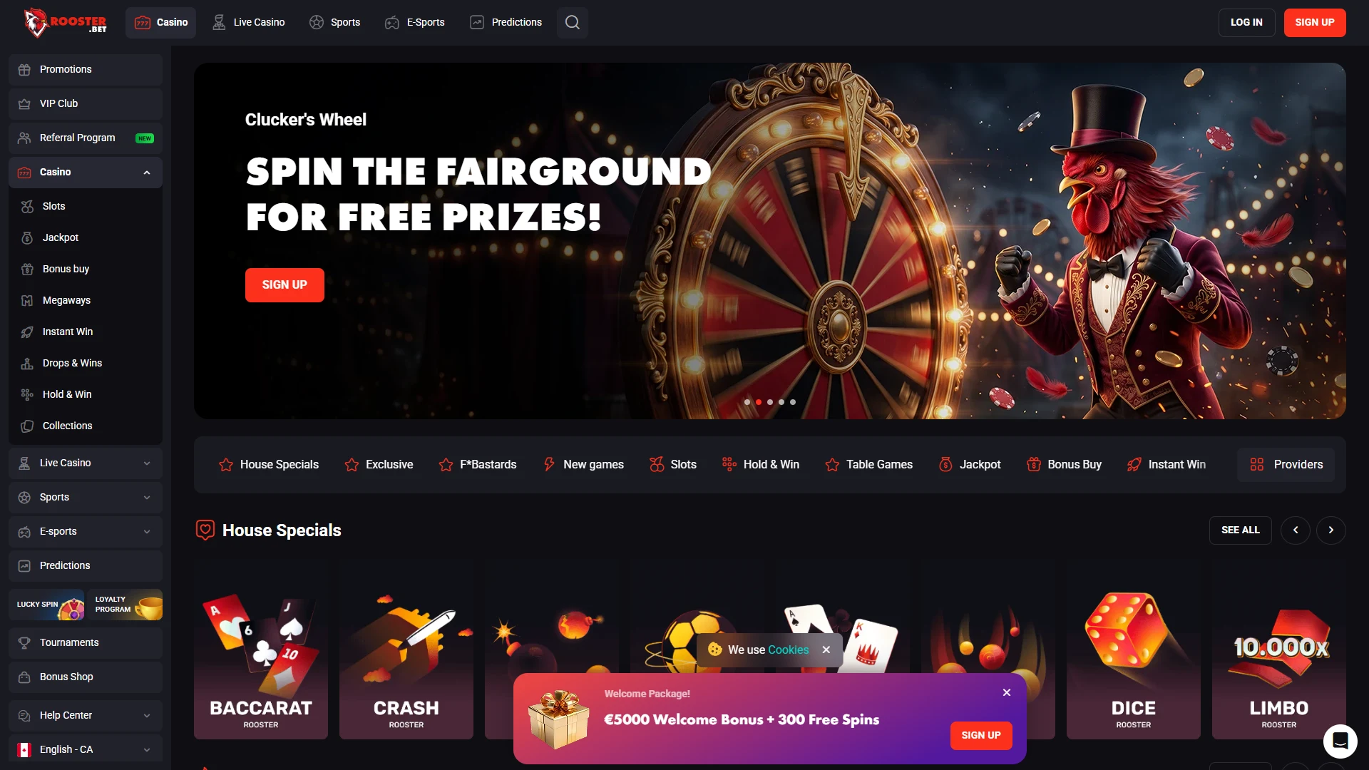 Rooster Bet casino lobby on desktop